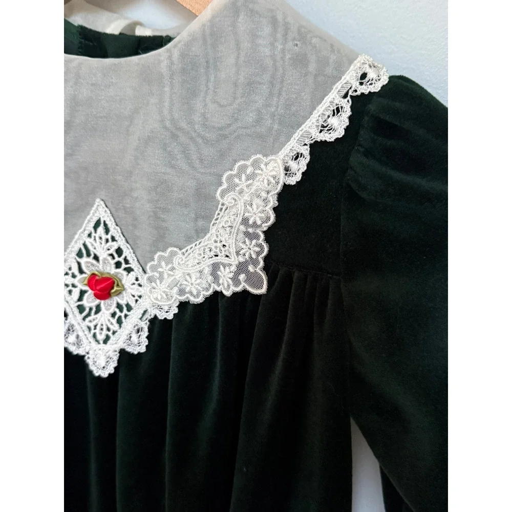 Bonnie Jean Vintage Velvet‎ Dress Girls Size 6 Green Lace Collar Holiday Party